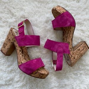 WRKT. Holly Berry Pink Cork Heels